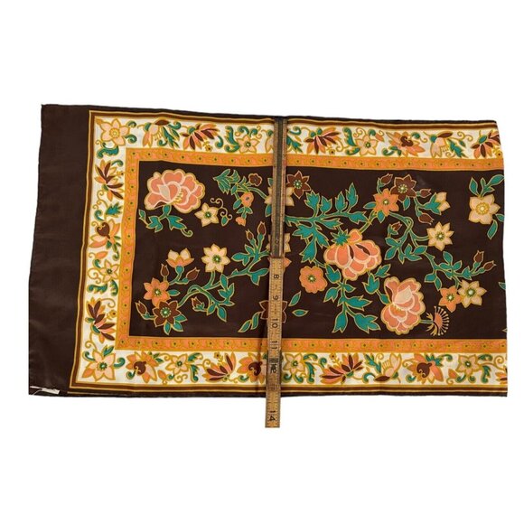 Vintage Lady Heritage Brown Gold Orange Teal Floral Polyester Scarf Made In Japa - Picture 5 of 5